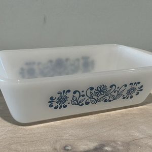 Rare, Vintage Glasbake Milk Glass Color Loaf Dish with Blue Floral Patte…